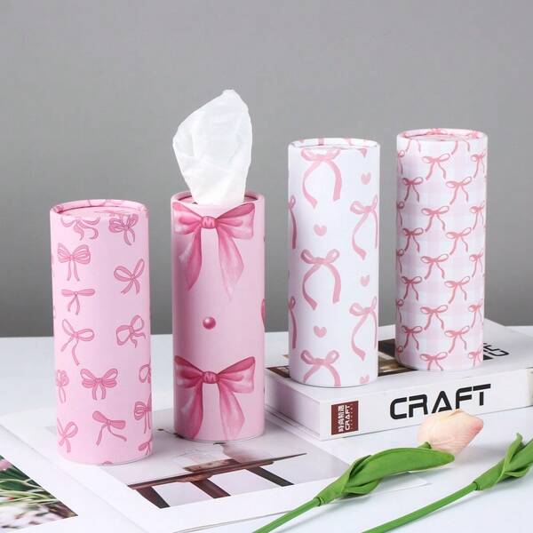 1pc Pink Bow Car Tissue Box Holders Round Paper Towel Cylinders With Floral And Bow Design Durable Tissue Storage Box Includes 40 Facial Tissues Car Tissue Holder For Car Home Office And Bathroom Use, Decorative Bow Design For Birthday Wedding And Party, Stylish Accessory