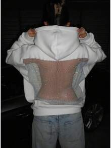 2025 Autumn-Winter New Women's Fashion Solid Color Backless Openwork Mesh Hooded Sweatshirt, Casual Fashion Long-Sleeved Sweatshirt, Christmas And Halloween Gift - 棕色 - 查看 5