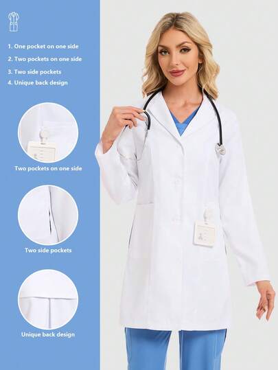 cimmuovere Bata de manga larga con múltiples bolsillos, cuello vuelto, abertura frontal y bolsillos laterales con abertura para mujeres. Bata de enfermera, ropa de trabajo, bata de dentista, bata de atención médica, bata de veterinaria, bata de laboratorio.