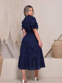 Women's Midi Dress With Embroidered Lace, All-Over Print, Embroidery, Button Detail, Ruffle Detail, Gathered Detail, Suitable For Formal And Evening Wear. - Navy Blue 3d - View 3