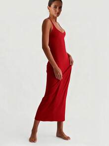 XLLAIS Sexy V-Neck Knit Bodycon Dress With Criss-Cross Open Back, Stretchy Christmas Party Dress Elegant Summer - Burgundy - View 4