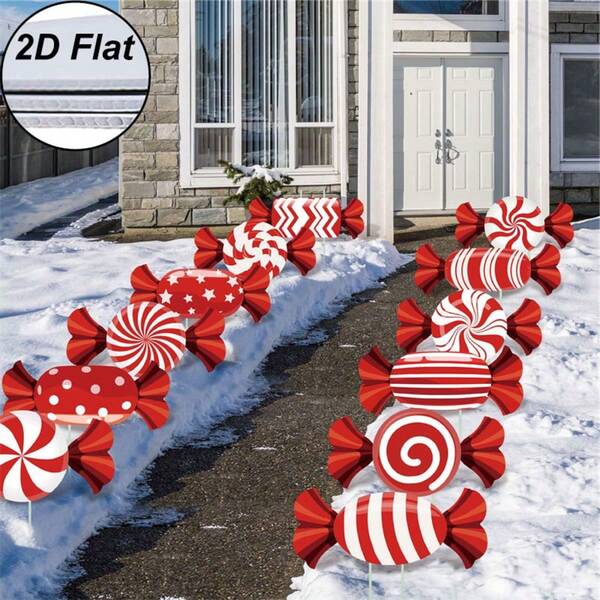 2D Flat, 12pcs Christmas Candy Lawn & Garden Signs - Corrugated Hard Plastic Holiday Yard Decorations For Pathway & Festive Outdoor Decor