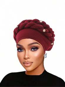 1 Pc Fashionable Crinkle Brim Dual Braided Head Wrap Hat/Turban, Suitable For Casual Wear And Mother's Day Gift - 皺褶辮子帽 - 查看 3