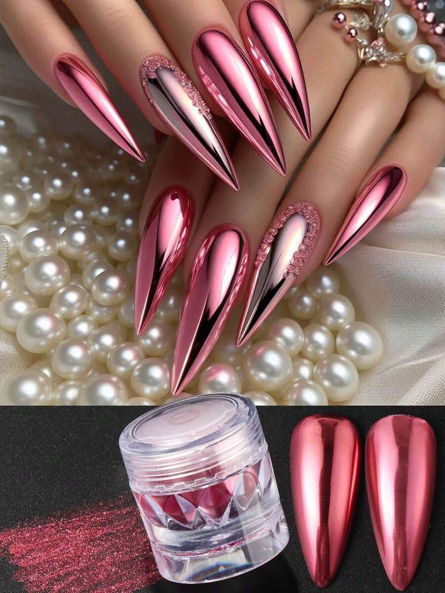 1 pieza Polvo de uñas con efecto espejo metálico de color rojo rosa para Navidad, decoración de arte de uñas con polvo de inmersión estilo Y2K - Rosa Fucsia - Ver 1