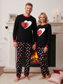 Valentines Day Matching Family Pajamas Set Stylish Love Heart Pattern Family Matching Outfits - 黑色 - 查看 4