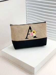 Personalized Floral Letter Linen Canvas Tote Bag Set, A-Z Letter Large Capacity Tote Bag With Matching Small Pouch, Suitable For Carrying Daily Essentials, Groceries, Travel Items, For Women, Fashion Lovers, Personalization Enthusiasts, Great For Daily Use, Shopping, Beach Travel, Adding Fashionable Personalized Accent To Outfits, Christmas/New Year Gift - Multicolor - View 7