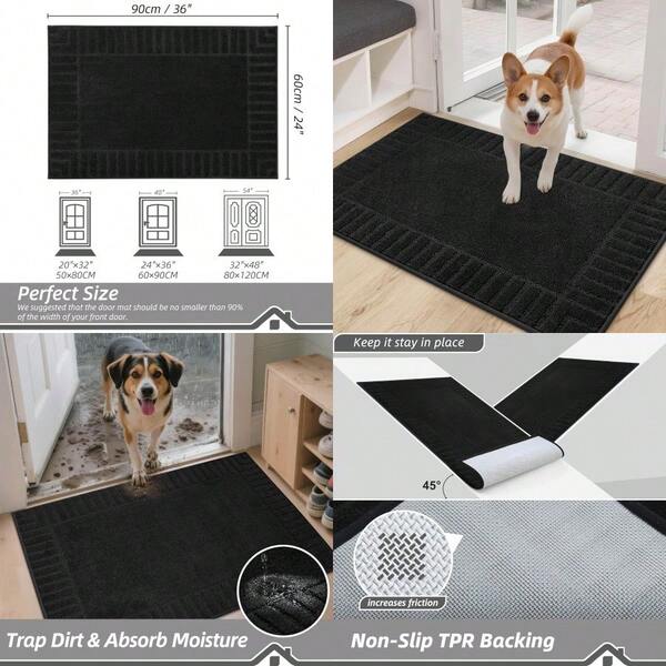 Door Mat Indoor Super Absorbent Dirt Trapper Front Doormats Washable TPR Non-Slip Entrance Inside Floor Mats Rug For Entryway 24"X36" Black