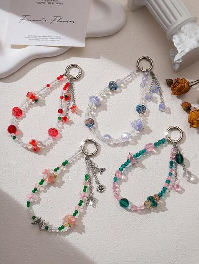 1pc Rose & Sakura Flower Decor Beaded Keychain, Accessory For Keys, Camera, Phone, Bags - Pink, Green, Purple, Blue