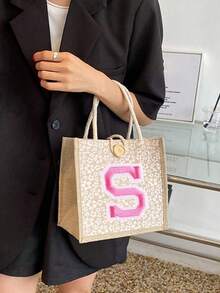 1个刺绣字母图案手提袋，粉色毛巾刺绣花卉印花亚麻手提袋，小巧花卉亚麻纽扣装饰手提袋，简约大容量手提袋，便携休闲收纳手提袋，多功能购物袋，新款设计，大容量 - 彩色 - 查看 5