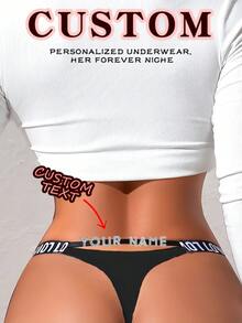 1 buah Celana Dalam Thong Wanita dengan Teks Kustom & Desain Sabuk "LOVE", Kain Elastis Hitam, Nyaman & Menawan, Celana Dalam Thong Seksi yang Dipersonalisasi - MultiWarna - View 1