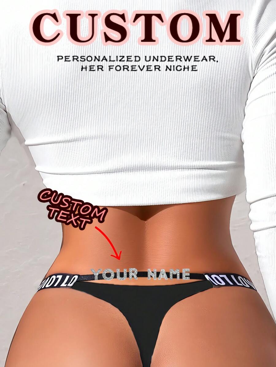 1 buah Celana Dalam Thong Wanita dengan Teks Kustom & Desain Sabuk "LOVE", Kain Elastis Hitam, Nyaman & Menawan, Celana Dalam Thong Seksi yang Dipersonalisasi - MultiWarna - View 1