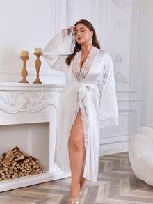 QING ROU Plus Size Women's Elegant Satin Robe, Soft Lace Trim, Flare Sleeve, Silky & Comfortable, Bridal Robe, Bridesmaid Dress, Includes Waist Belt, Suitable For Home Use - White - View 3