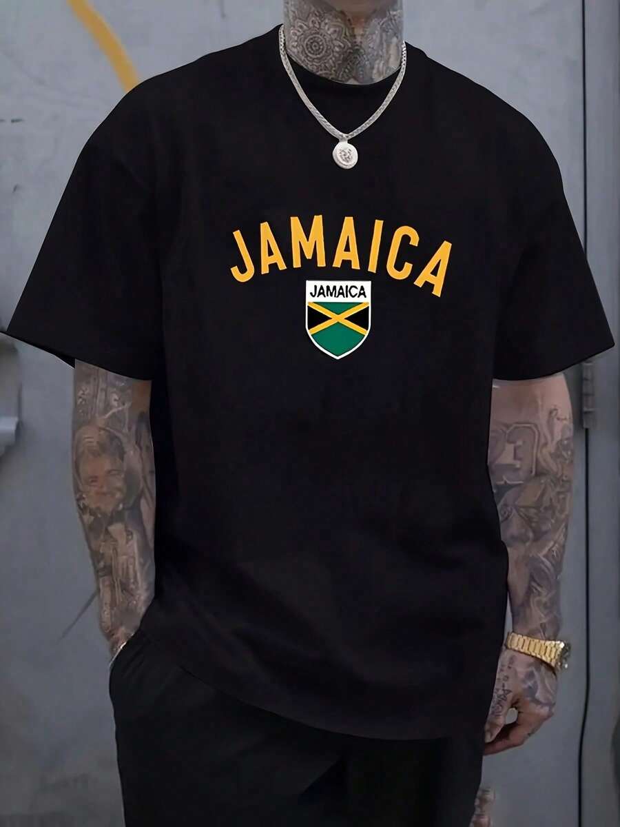 Men's Jamaican Flag Graphic T-Shirt - Black With Yellow Jamaica Lettering - Breathable Polyester T-Shirt For Everyday Wear And Special Occasions - Machine Washable Casual Shirt, Outdoor Wear, Crew Neck Design, Comfortable Fit - 黑色 - 查看 1