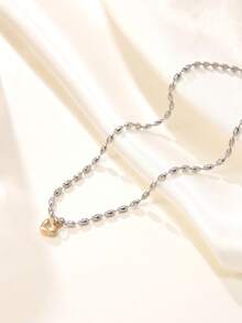 1pc Minimalist Fashion Pearl Chain Heart Pendant Necklace, Golden/Silver Heart Necklace, High Quality Couple Jewelry, Suitable For Men And Women Daily Wear, Heart-Shaped Gift Jewelry