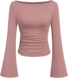 Womens Long Sleeve Shirts 2026 Spring Crop Going Out Tops Casual Boat Neck Sleeve Ribbed Ruched Y2K Clothes - Dusty Pink - View 1