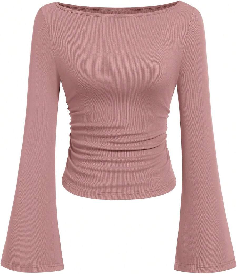 Womens Long Sleeve Shirts 2026 Spring Crop Going Out Tops Casual Boat Neck Sleeve Ribbed Ruched Y2K Clothes - Dusty Pink - View 1