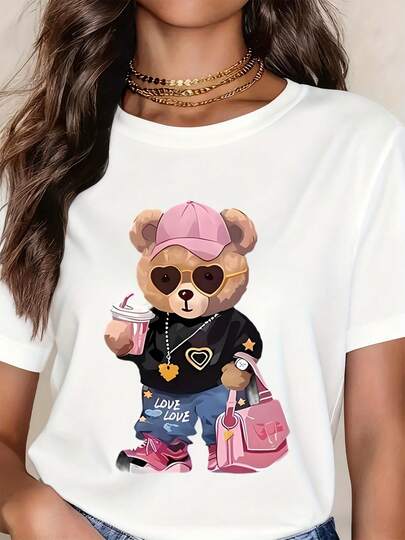 Cute Bear Cartoon Graphic T-Shirt Women Fashion  Streetwear Black Tee With Pink Hat Sunglasses And Handbag Design Love Print Casual Top