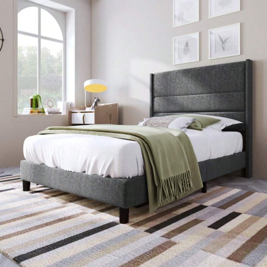 Upholstered Bed 90 X 200 Cm, Bed Frame With Slatted Frame & Headboard, Upholstered Double Bed, Textile Cover Linen In Grey, Timeless Modern Design, Youth Bed - Grey - View 1