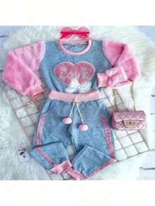 Girls' Love Furry Set, Children's Winter Fashion Pants And Top With Heart Design. - Ljusgrå - Visa 3