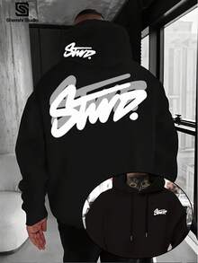 Men's Oversized SWD Logo Hoodie - Gray Street Style Sweatshirt With White Graffiti Letters, Kangaroo Pocket, And Hooded Pullover |   Casual Loose Hooded Sweater, Suitable For Daily Wear, Brand Clothing (Polyester Fiber) - màu đen - Xem 1