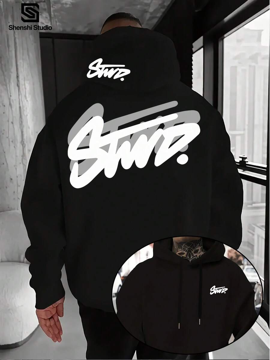 Men's Oversized SWD Logo Hoodie - Gray Street Style Sweatshirt With White Graffiti Letters, Kangaroo Pocket, And Hooded Pullover |   Casual Loose Hooded Sweater, Suitable For Daily Wear, Brand Clothing (Polyester Fiber) - màu đen - Xem 1