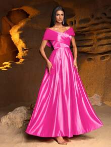 Faeriesty Vestido de Festa de Outono com Saia de Cetim Oversized de Comprimento Longo e Ombros à Mostra para Mulheres - Pink - Visão 6