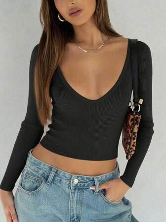 Sexy & Fashionable Versatile Deep V-Neck Long Sleeve Knit T-Shirt Top, Spring/Summer New Arrival,Sweaters For Women