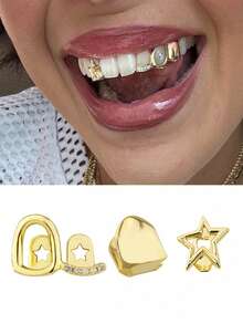 1 Set Hollow Bar Smooth Star Single Tooth 3 PiecesCombination Fashion Personalized Women's Tooth Jewelry Set, Suitable For Music Festival Celebration, Unisex - Multicolor - View 1