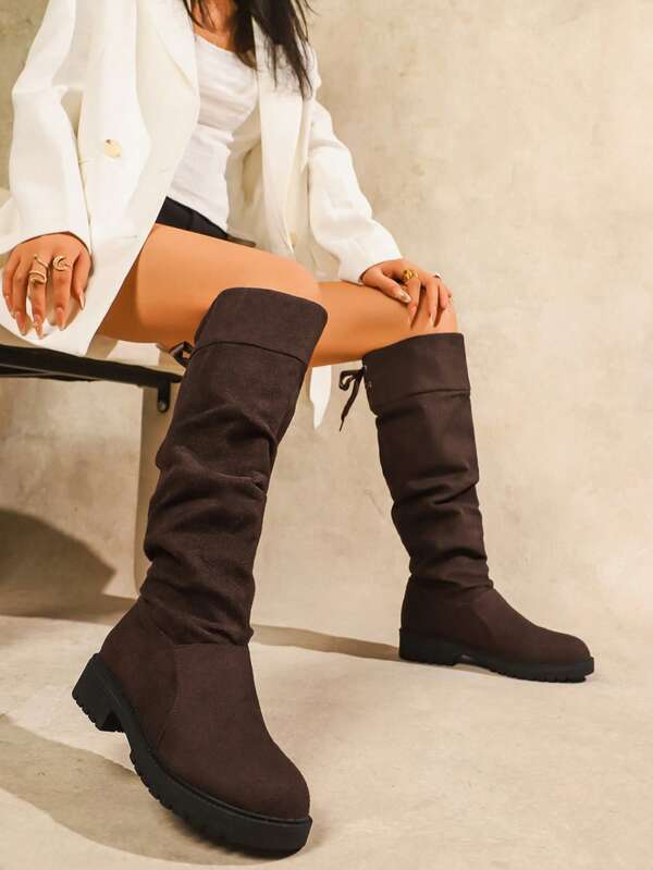 Plus Size Women's Ruched Lace-Up Over-The-Knee Boots, Chunky Heel Fashion Boots