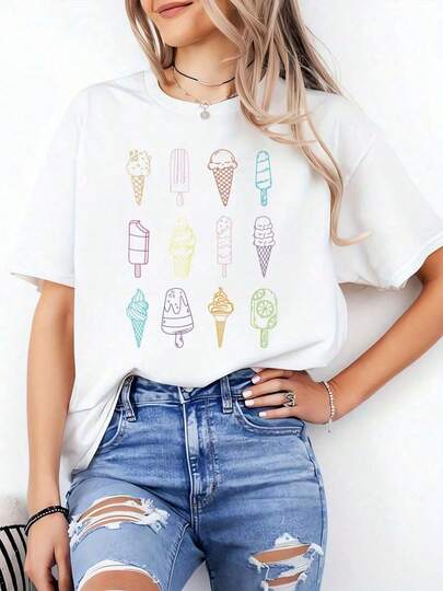 Camiseta de Mujer 100% Algodón Blanca Diseño de Helado de Verano