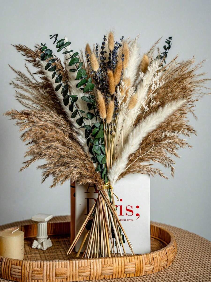 1束混合花束，包含满天星、石竹、兔尾草、尤加利、薰衣草等。天然花束，适用于桌面花瓶、婚礼、新娘捧花、家居/办公室装饰、派对等场合。 - 棕綠色 - 查看 1