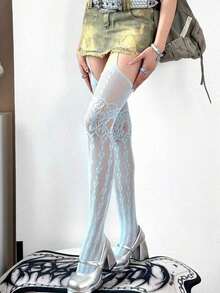 1 Pair Women's Heart Pattern Fishnet Tights Lace Suspender Thin Black Stockings, Sexy Y2K Socks - 藍色 - 查看 4