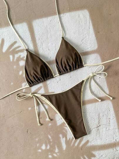 2pcs/Set Women Leopard Print Spaghetti Strap Tie Sexy Bikini Swimsuit, Suitable For Beach Vacation And Halloween Wear, Summer 2025