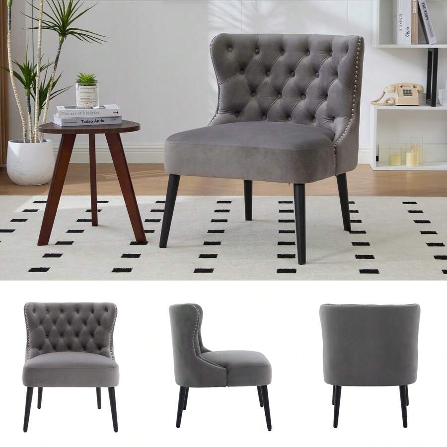 Samt Single Armchair With Button Panel, Modern Armless Design With Rivet Trim And Solid Wood Legs For Living Room, Bedroom - Gray + Velvet - View 1
