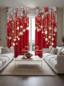 2 pièces Rideaux élégants avec motif d'étoile de boule de Noël rouge et or imprimé à plat, installation de tringle à poche, rideaux à impression numérique, matériau en polyester, convient pour le salon, la cuisine, la chambre, le bureau, la salle à manger, la décoration de la maison, la décoration de Noël
