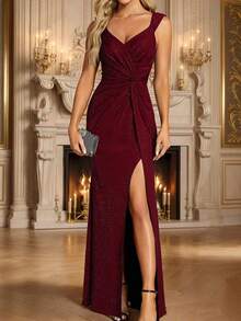 Elegantes Abendkleid, glamouröse Abendkleider für Frauen mit V-Ausschnitt, ärmellos, hoher Beinschlitz, geraffter Taille, paillettenverziert, funkelnde burgunderrote Halbformelle Kleider für Abschlussbälle, Dinnerpartys und formelle Anlässe - Bordeaux - Übersicht 7