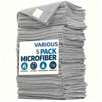 Set Of 5 Kitchen Towels Made From Ultra-Fine Fiber In Light Gray, Designed For Effective Cleaning. These Absorbent And Soft Cloths Are Perfect For Wiping Glass, Kitchen Counters, Pots, Bowls, Faucets, And Range Hoods.