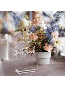 4件套透明婚礼接待指示牌，5x7英寸现代婚礼方向指示牌，包括签到簿指示牌、卡片和礼品桌指示牌、请带回礼指示牌、缅怀逝者指示牌、婚礼接待装饰 - 白色 - 查看 2
