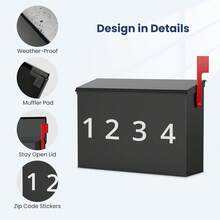 Modern Mailboxes For Outside, Metal Wall Mount Mailbox, With One Flag Kit And 4 Sets Of Mailbox Number Stickers - Black - View 5