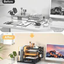 5-Tier Metal Desk Organizer With Sliding Drawer, File Holder & Pen Holder, Office Paper Tray Storage - Black - View 6