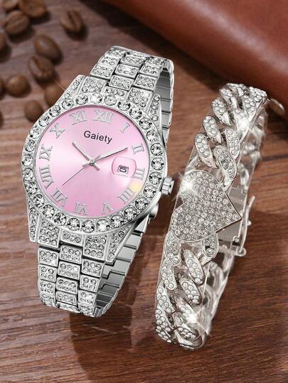2Pcs Women's Silver Strap Fashionable Casual Gorgeous Rhinestone Roman Letter Scale Calendar Dial Quartz Watch Heart Bracelet Jewelry Set Suitable For Daily Wear Decoration Or Holiday Gifts