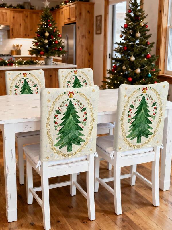 2/4/6pcs Christmas Tree Double-Sided Print Chair Covers, Removable & Washable, Simple & Comfortable Chair Back Covers, Creative Decorative Chair Covers, Holiday Decor For Dining Room & Living Room