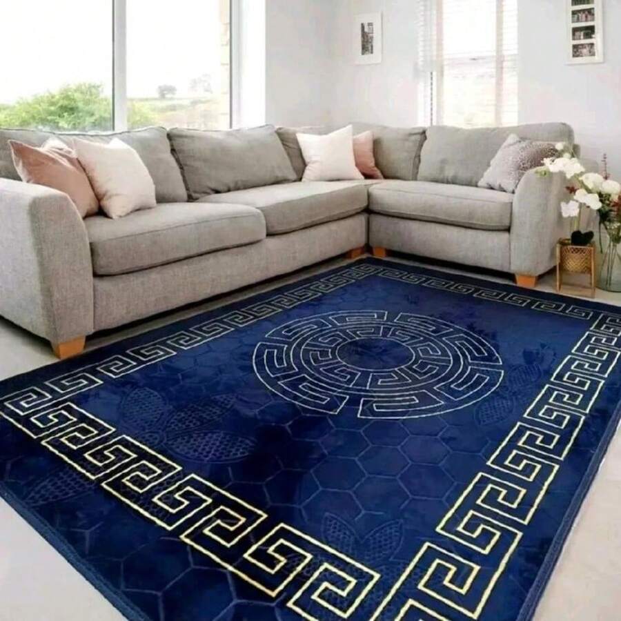 Geometric Border Runner Rug - Anti-Slip Greek Turkish Style Carpet - 希臘海軍藍 - 查看 1