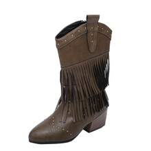 Botas de tobillo de cuero de PU con estilo occidental, cremallera lateral, remaches, flecos decorativos y tacón grueso con textura de grano de madera, para mujer, adecuadas para otoño/invierno y primavera/otoño, estilo de botas vaqueras - Marrón - Ver 14