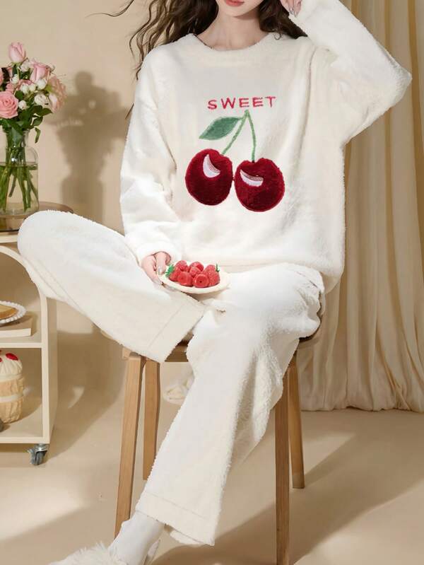 2pcs Women's Long Sleeve Flannel Cherry Letter Embroidered Loungewear Set, Warm Sleepwear Top With Long Pants Fluffy Pajamas, Autumn/Winter, Cozy Clothes