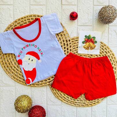 Roupa de Bebê Conjunto Meu Primeiro Natal Menino Menina Natalino Blusa Bermuda Short