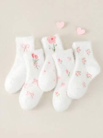 1/5 pares de calcetines blancos de piel sintética para niñas, con diseños florales, de lazo y de tulipán hasta el tobillo, dulces y versátiles, cálidos y cómodos para otoño/invierno, adecuados para uso casual, viajes, vacaciones, fiestas y escuela