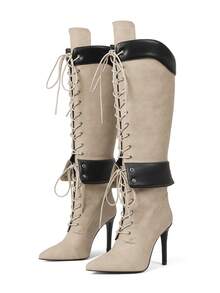 Y2K Style Luxury Fashion Women's Over Knee Boots Pointed Toe Lace Wide Calf Zip Stiletto Heel Shoes Motorcycle Dressy Party Boots - 米色 - 查看 2