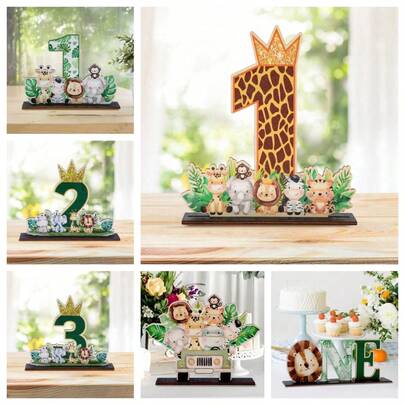 1 pezzo Decorazione in legno per compleanno con stile animale della giungla, regalo per festa di compleanno, decorazione creativa per casa per festa di 1° compleanno con stampa leopardata, decorazione in legno per festa