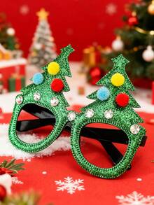 1 peça de armação de óculos feminina com pompom de árvore de Natal e strass, acessório divertido para festas e presilha de cabelo. - Multicolorido - Ver 1